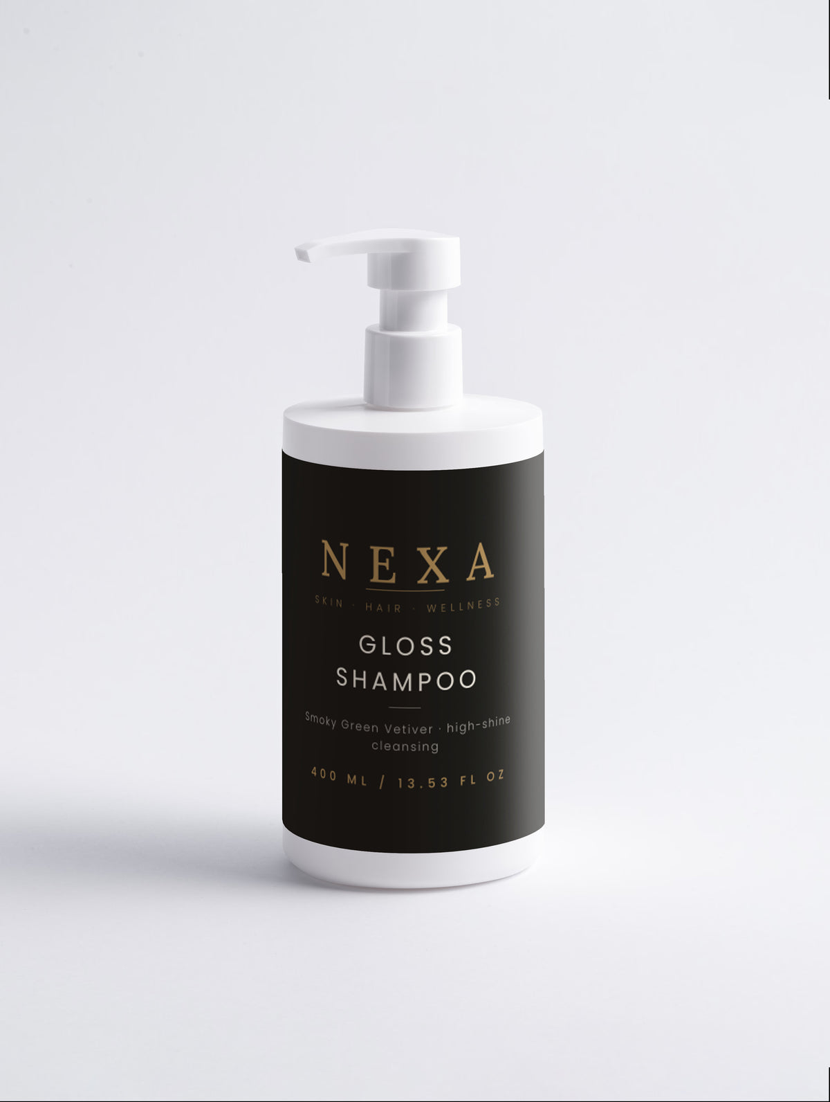 Nexa Gloss Shampoo in Smoky Green Vetiver, 400ml matte black pump bottle
