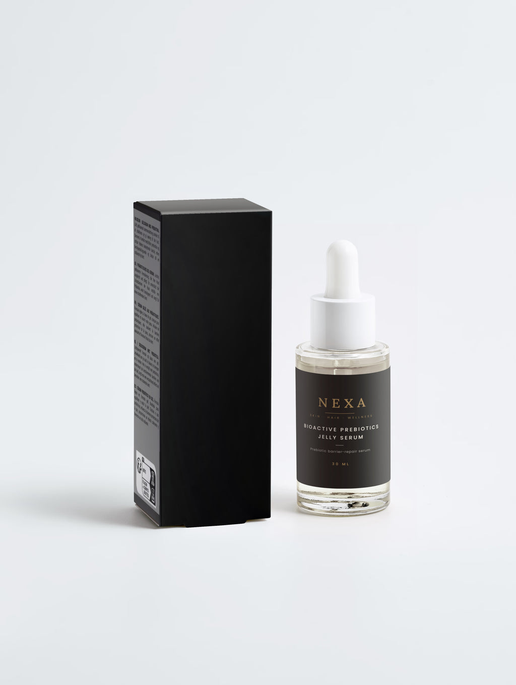 Nexa Bioactive Prebiotics Jelly Serum 30ml in a black-labelled glass dropper bottle with gold lettering, beside its black carton