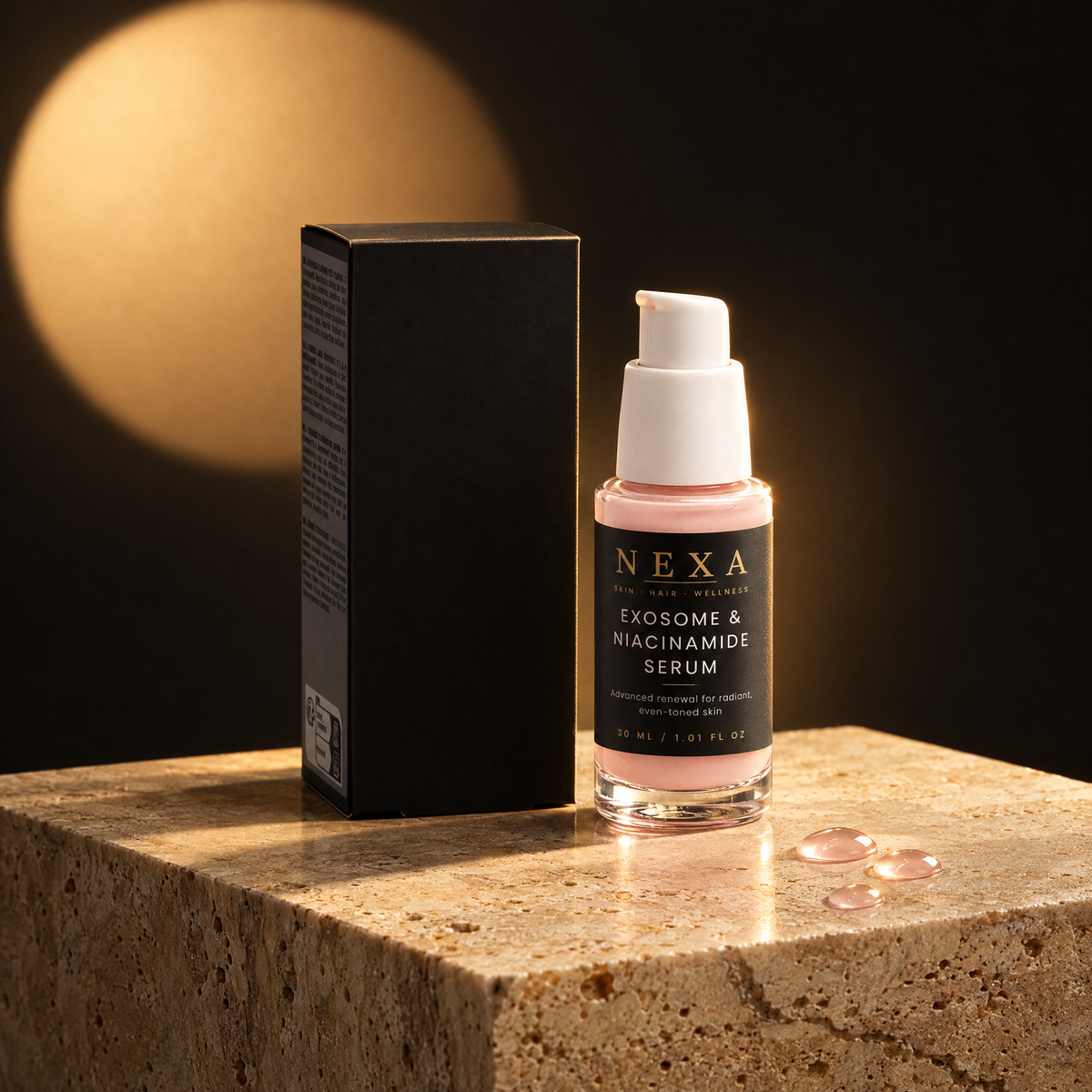 Nexa Exosome & Niacinamide Serum on travertine in warm light