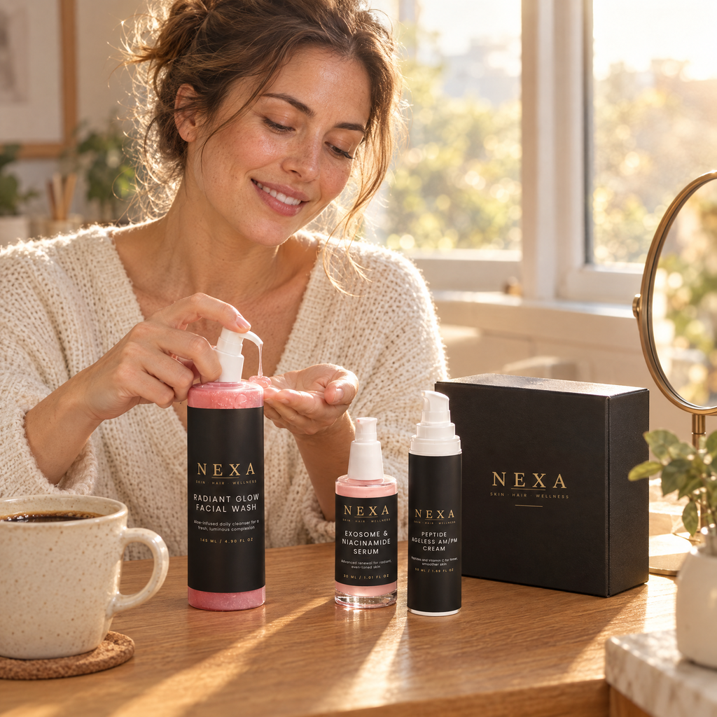 Woman using The Glow Ritual Box at her vanity in the morning