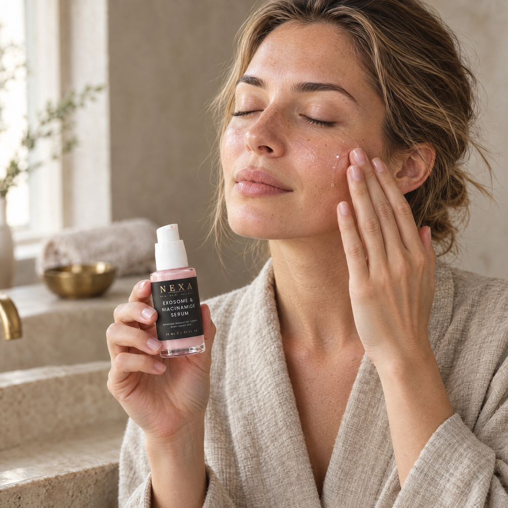 Woman pressing Nexa Exosome & Niacinamide Serum into her cheek