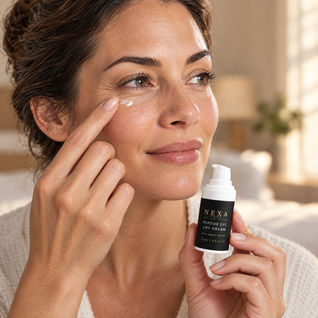 Woman tapping Nexa Peptide Eye Lift Cream under her eye