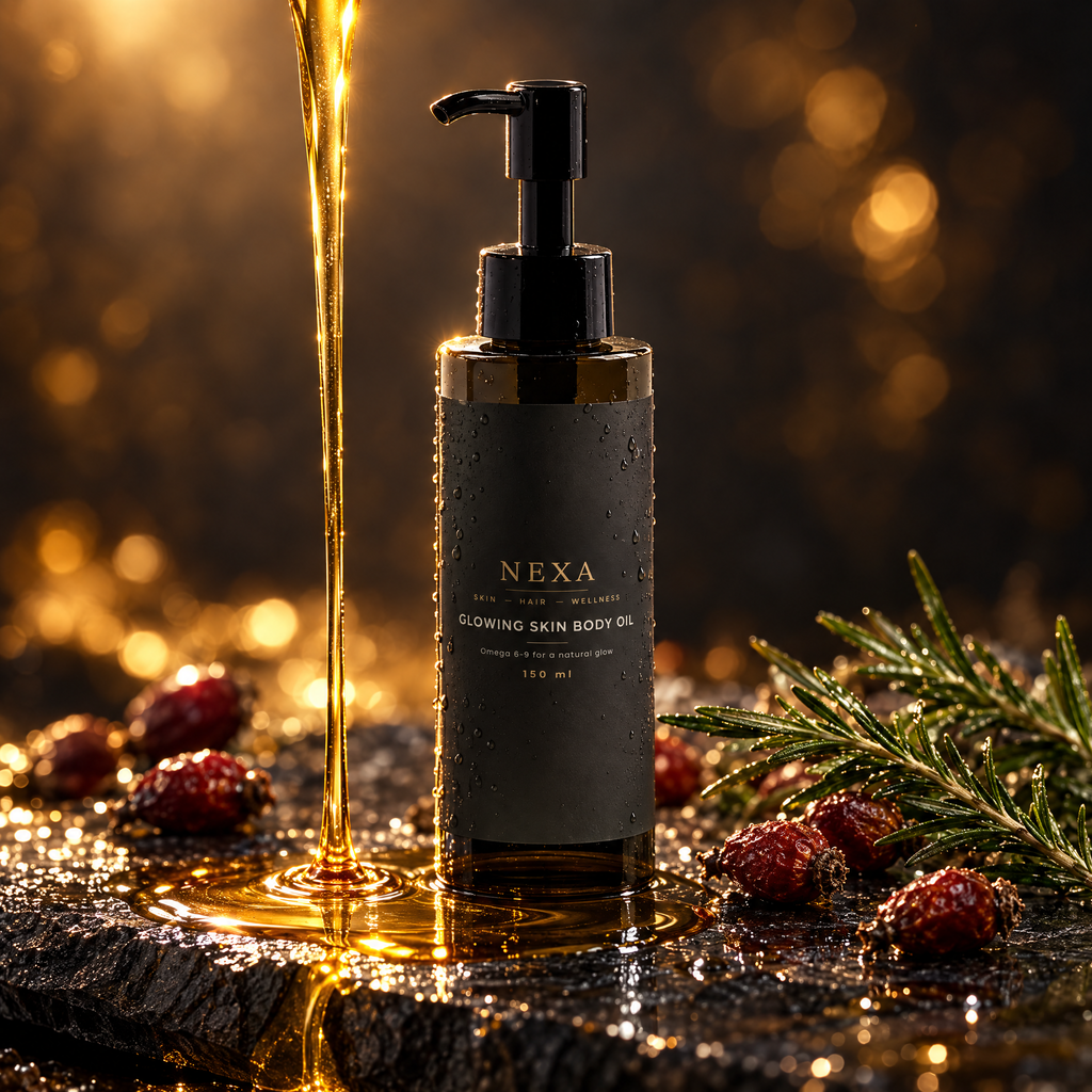 Nexa Omega 6-9 Body Oil with a golden stream of oil