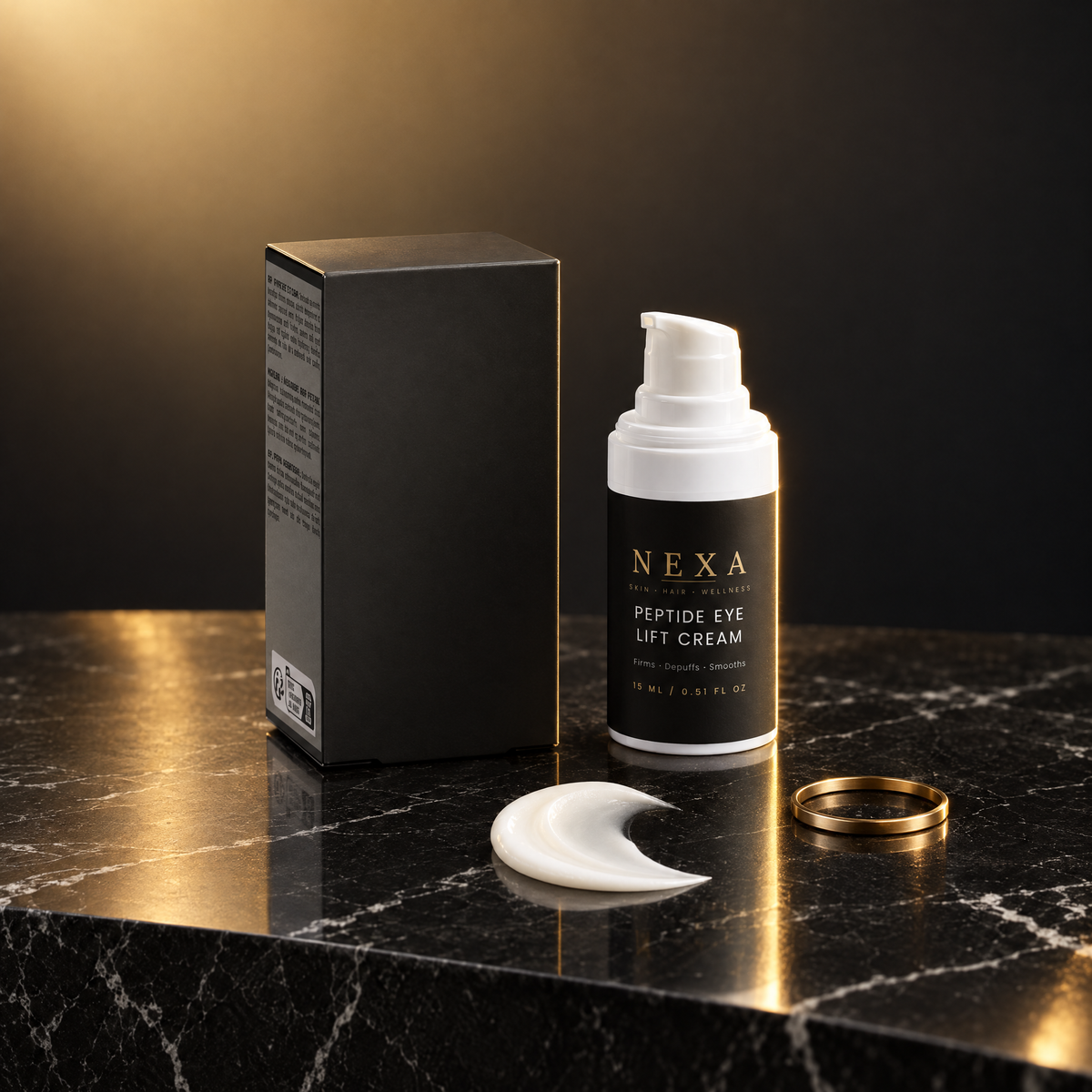 Nexa Peptide Eye Lift Cream on black marble with cream swatch