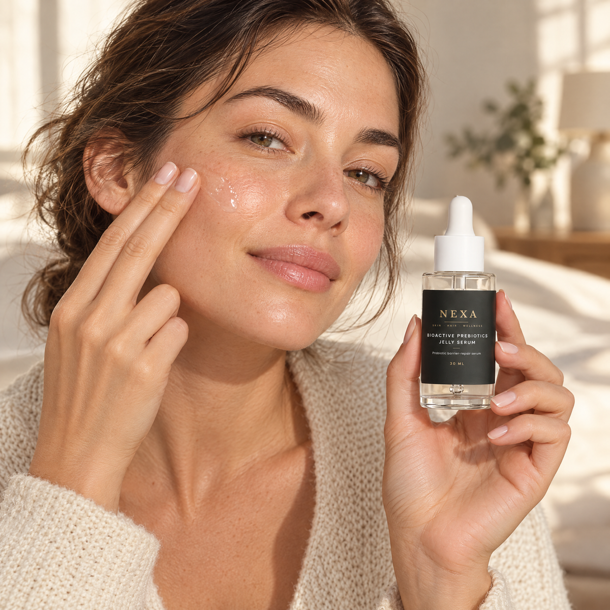 Woman pressing Nexa Bioactive Prebiotics Jelly Serum into her cheek