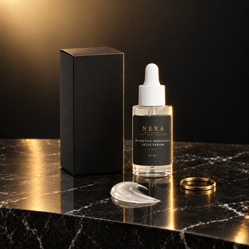 Nexa Bioactive Prebiotics Jelly Serum on black marble with a swirl of clear jelly serum